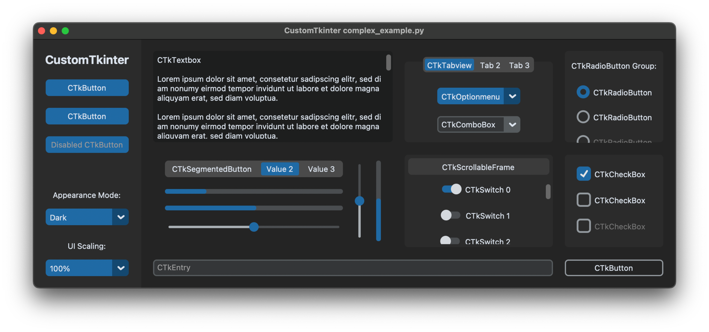 CustomTkinter complex UI example on macOS dark mode