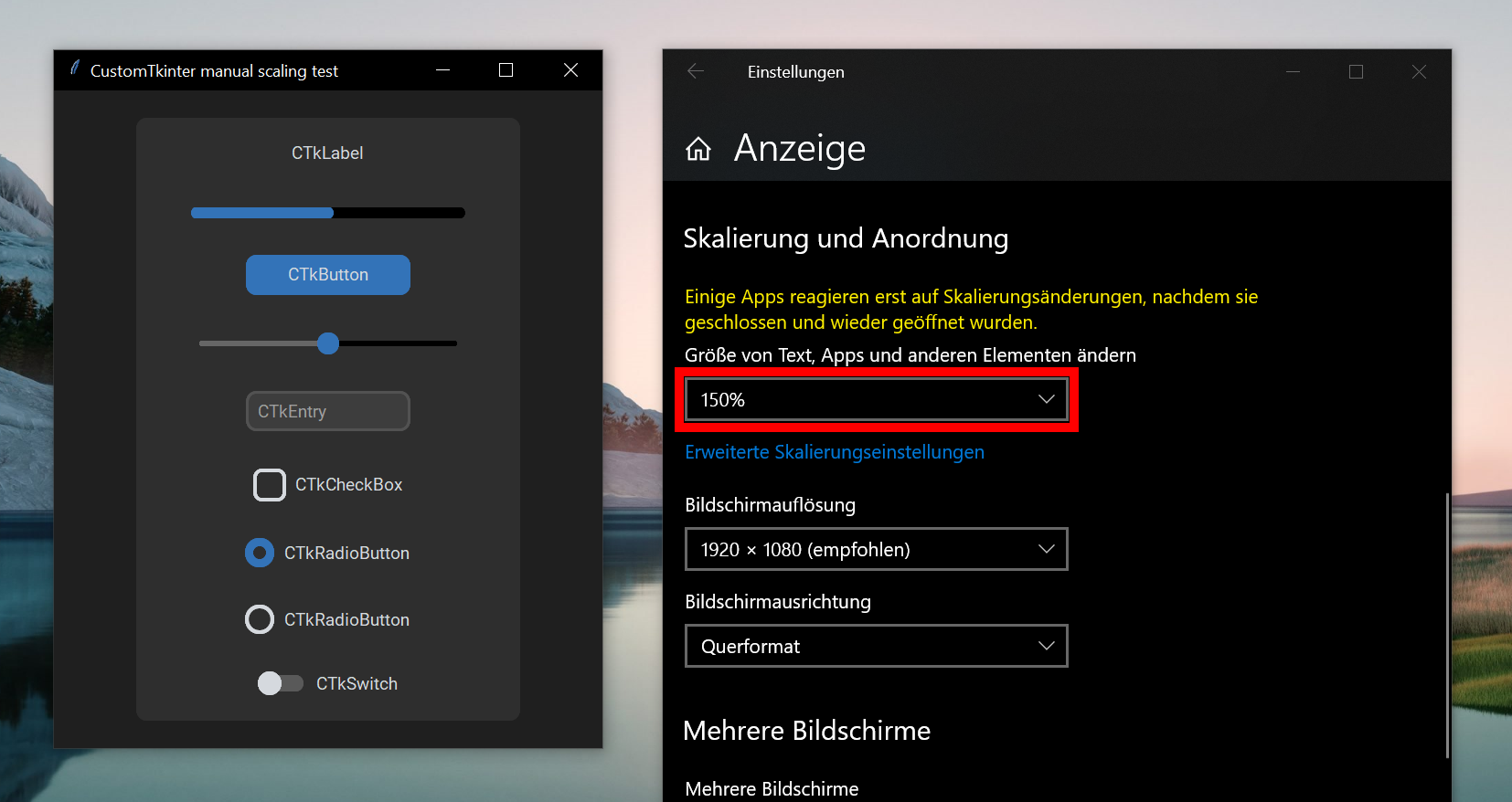 Windows 10 scaling settings example